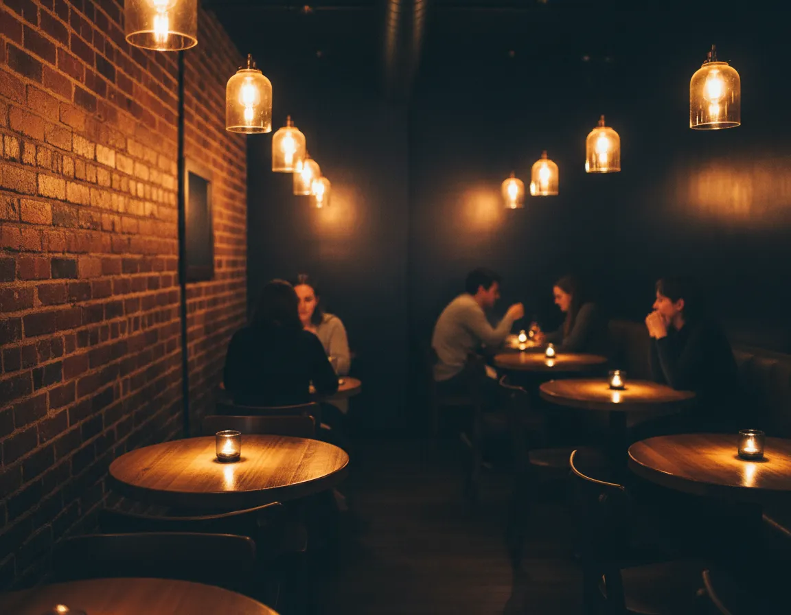 Cozy Portland bistro interior with warm lighting.