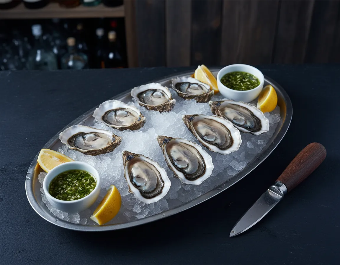 Fresh oysters on ice with lemon at a Portland bar.