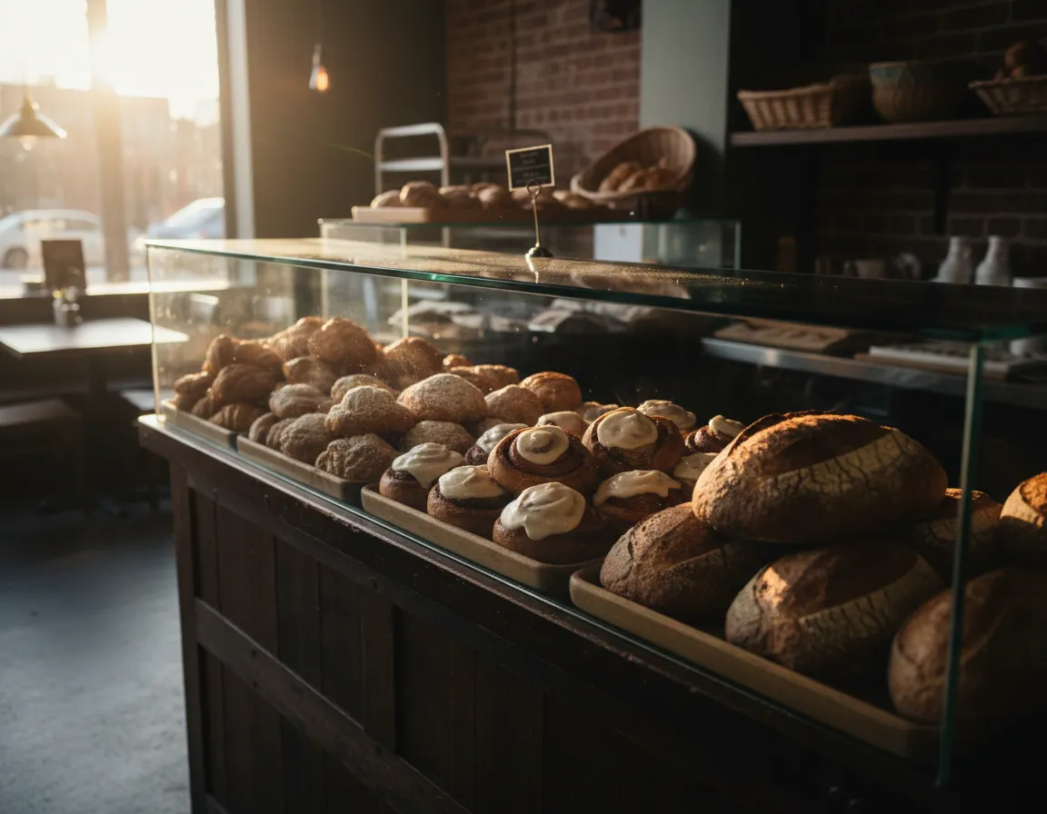 Artisan bakery counter in Portland, Maine.