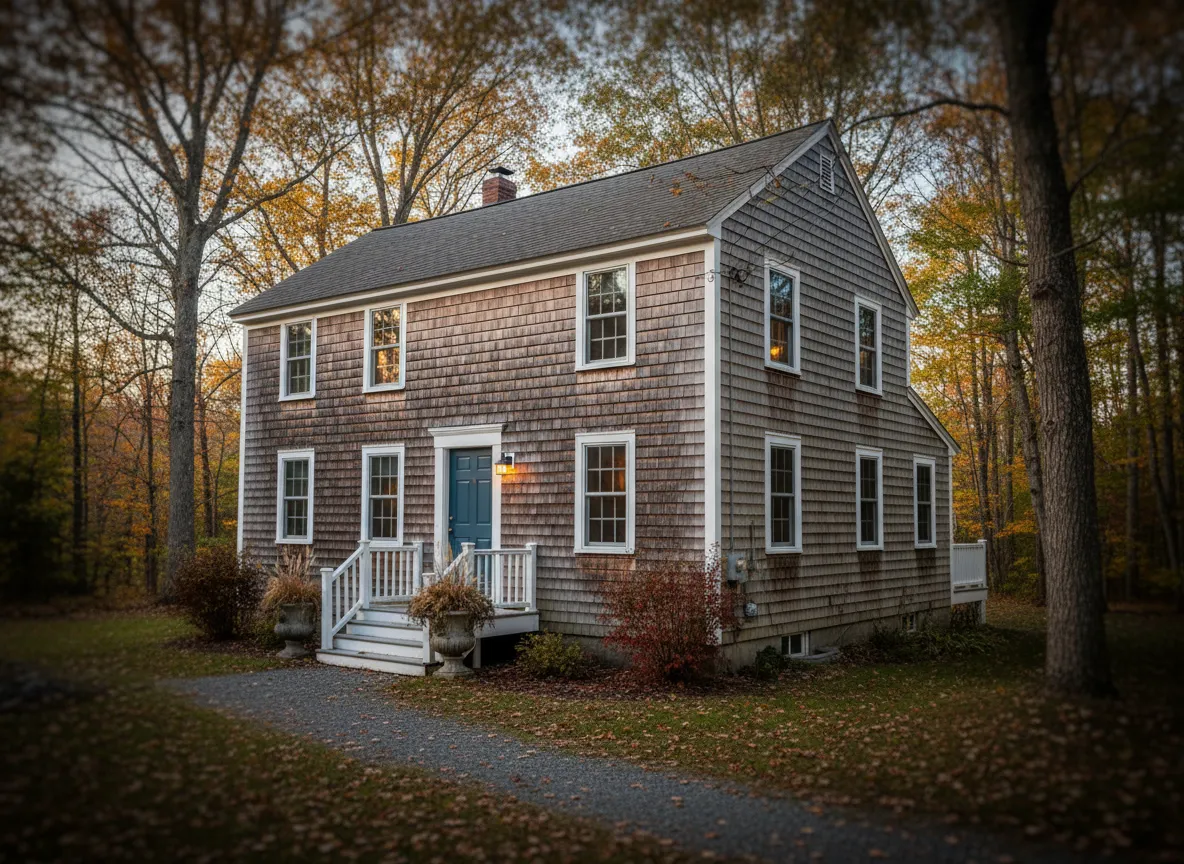 Warm exterior of a cozy Maine home in soft light