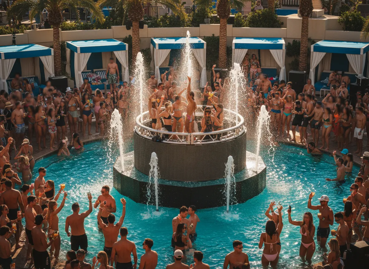 Lively Las Vegas pool party with DJ and crowd