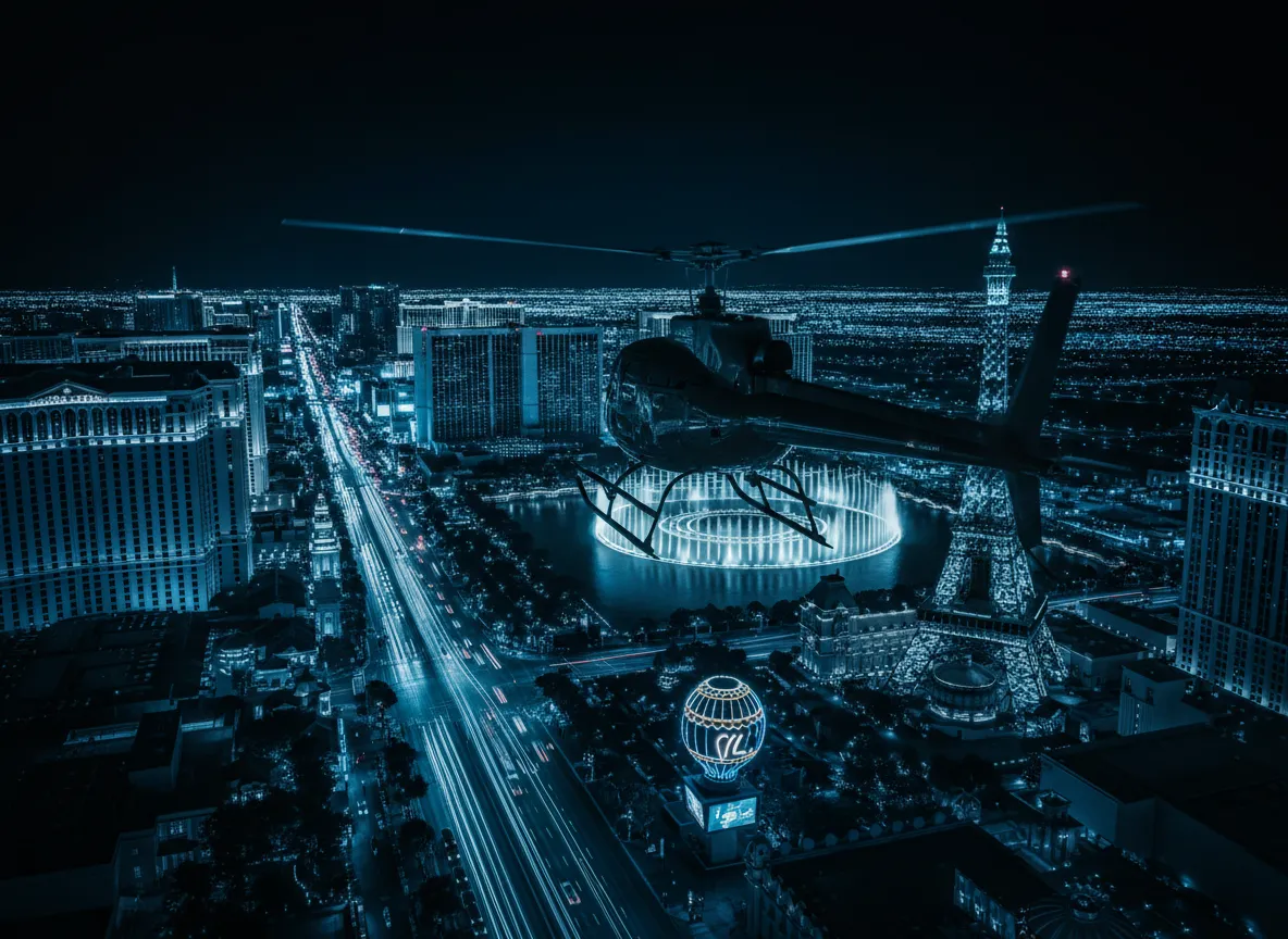 Helicopter flying over the Las Vegas Strip at night
