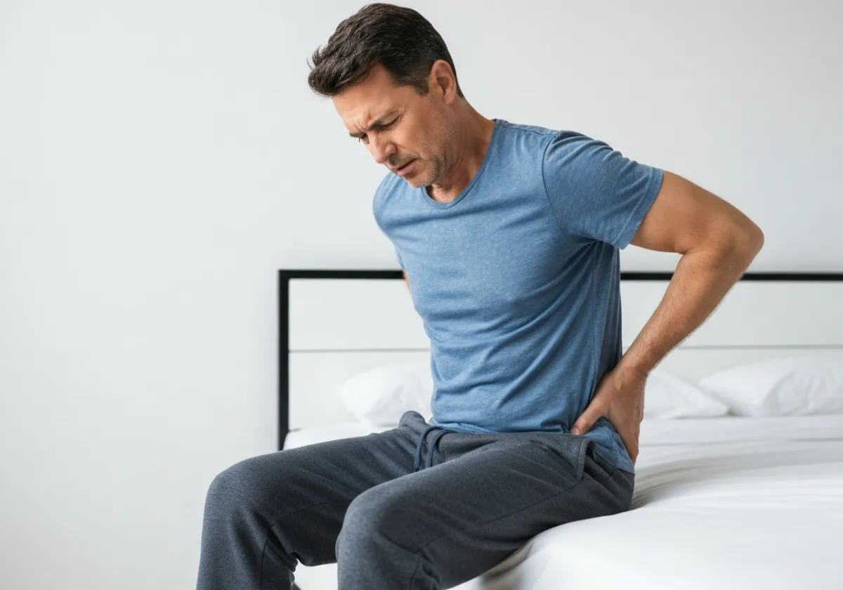 Close-up of a person seated on the edge of a bed, holding their lower back in a gesture indicating pain or discomfort, wearing casual clothing