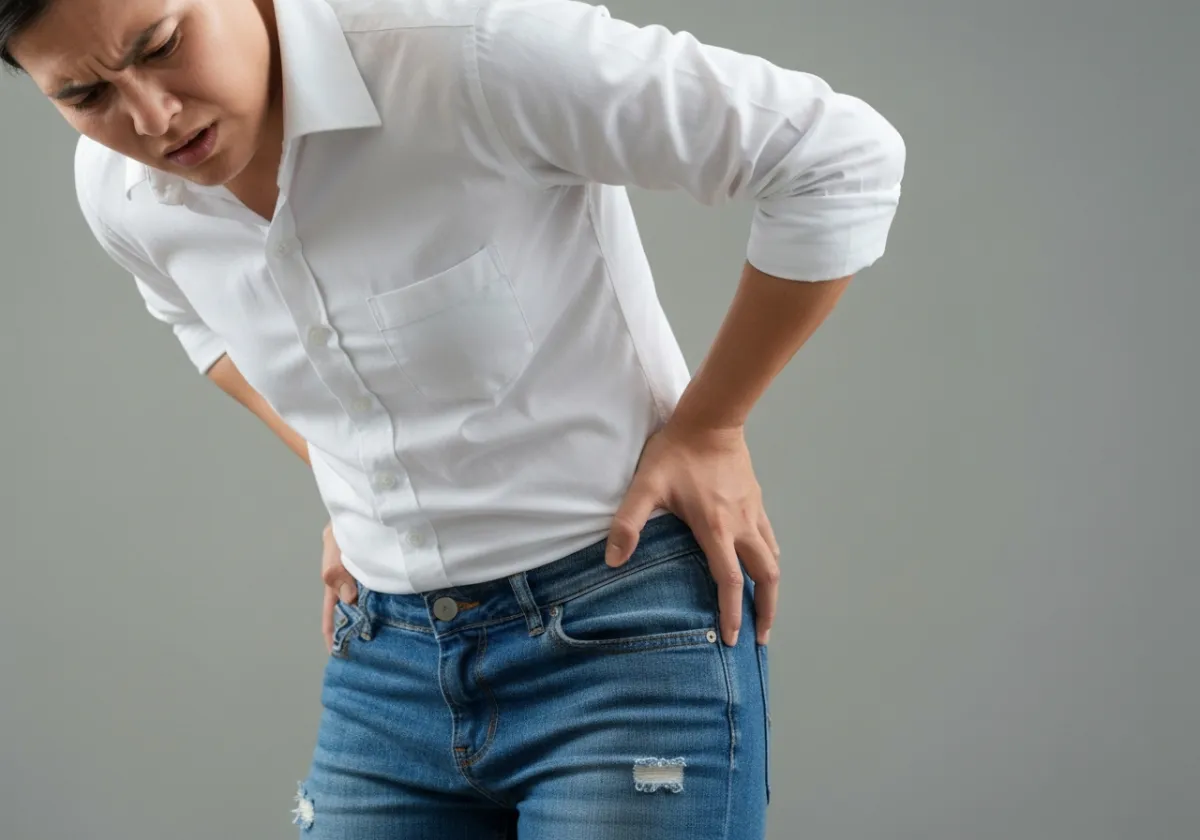 Close-up of a person's torso and hips, wearing a white shirt and blue jeans, hands clutching their right hip area in pain