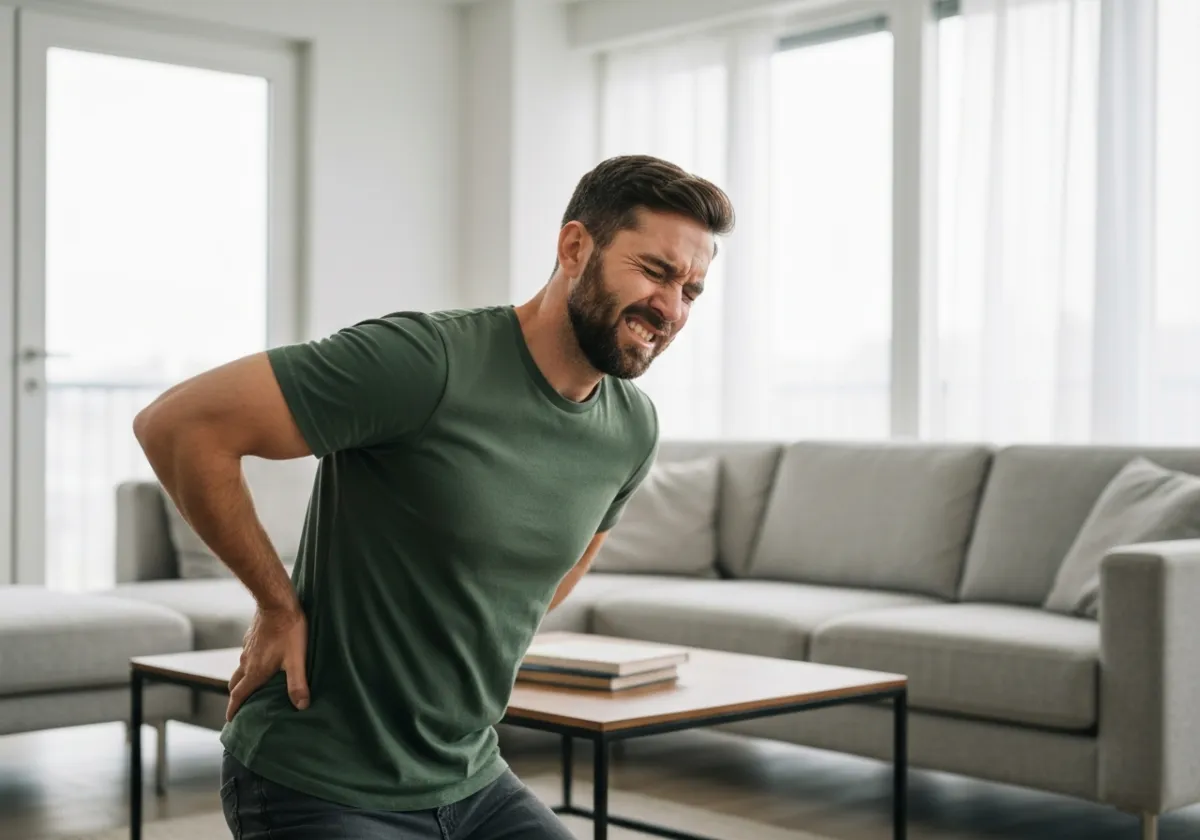 Man in a green shirt kneeling on one knee, grimacing and clutching his lower back in pain, inside a modern living room