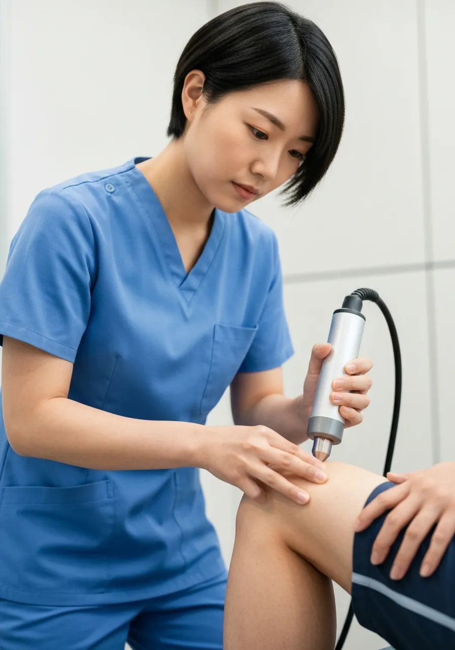 A medical professional in blue scrubs administering treatment to a patient's knee with a specialized device.