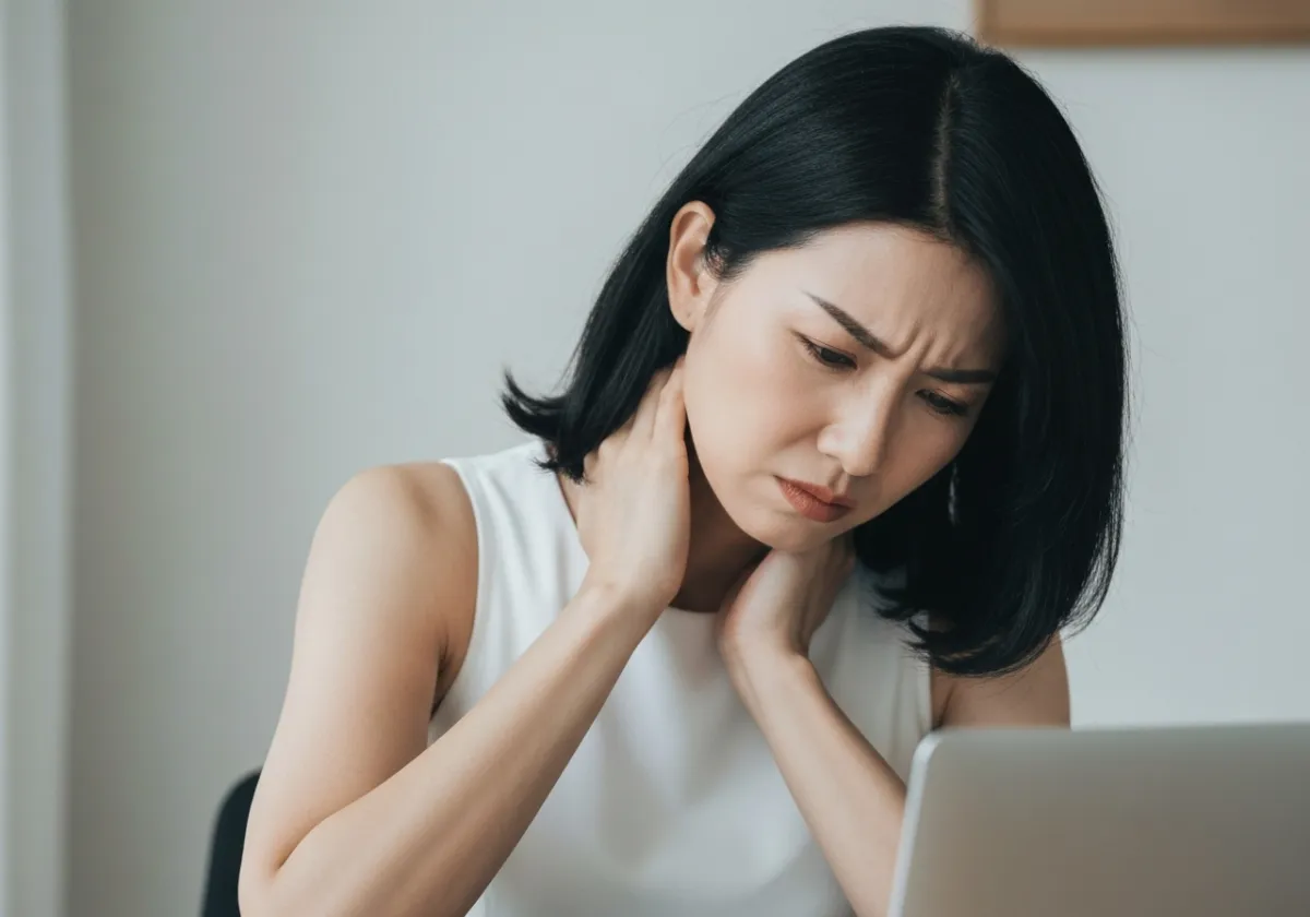 A woman sitting in front of a laptop, holding her neck with a pained expression, wearing a white sleeveless top.