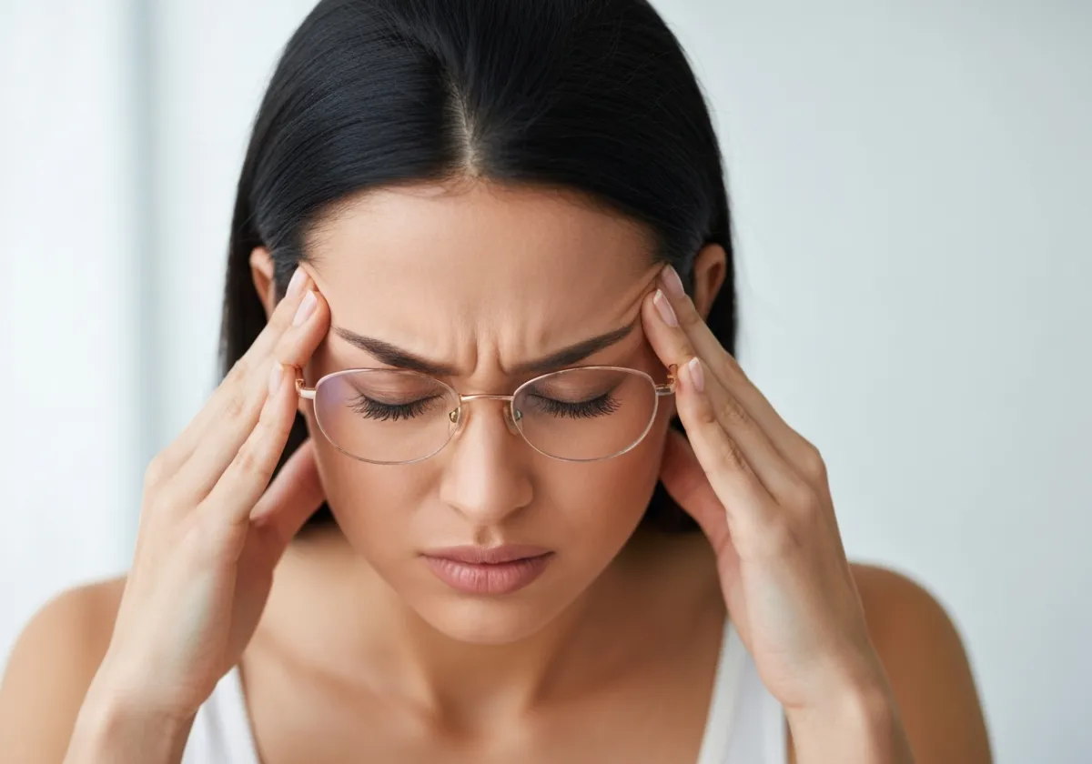 Close-up of a woman pressing her fingers to her temples, eyes closed in pain, holding reading glasses.