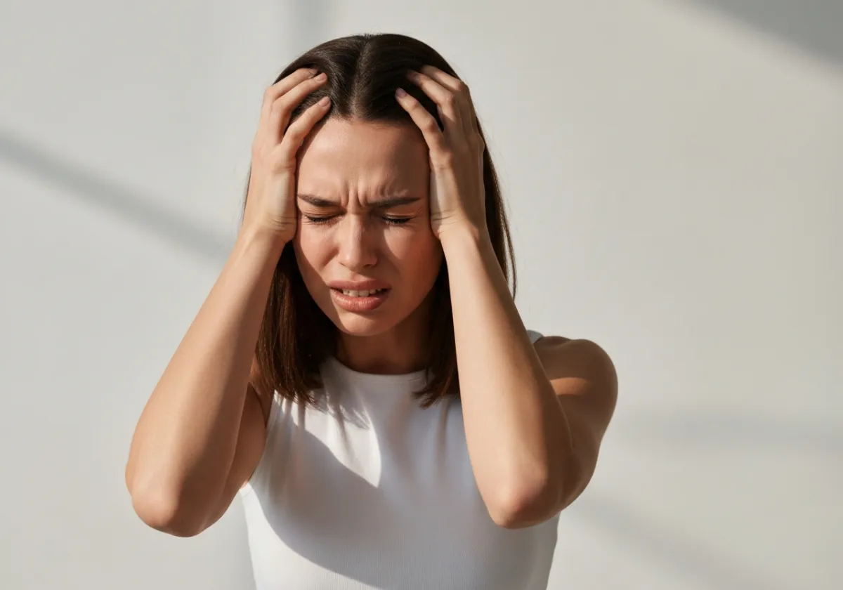 Woman with her hands on her head, eyes closed in distress or pain.