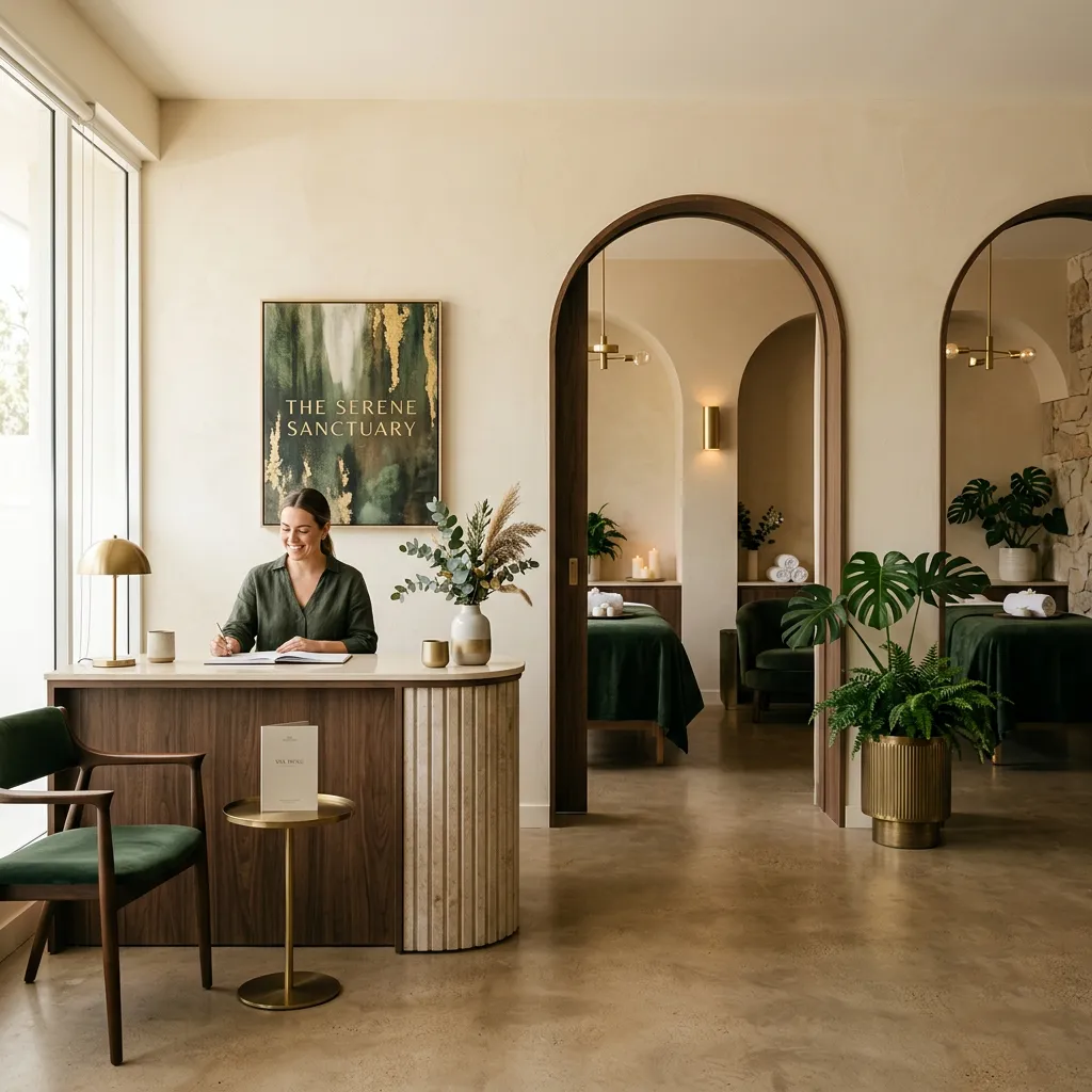 Serene and beautifully organized wellness spa reception and treatment sanctuary