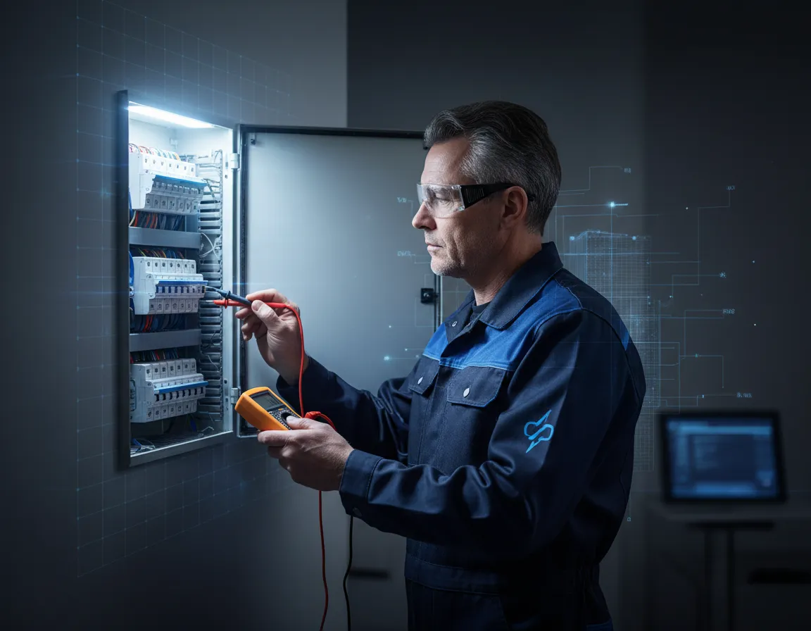 Electrician inspecting electrical panel