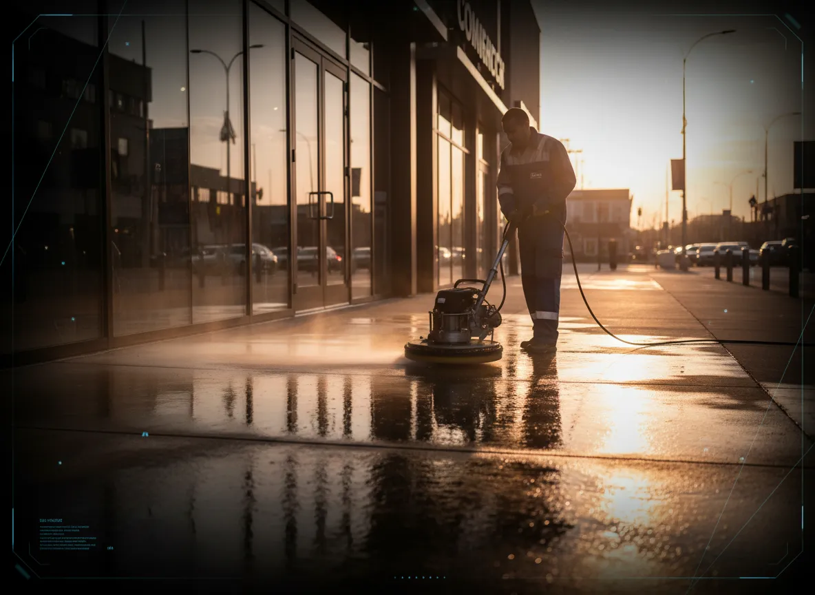 Commercial pressure washing at night with clean tech overlay