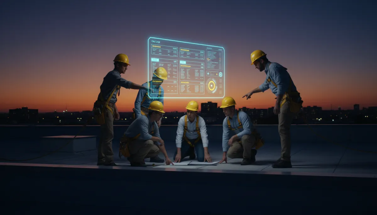 Roofing crew on a roof with digital dashboard overlay