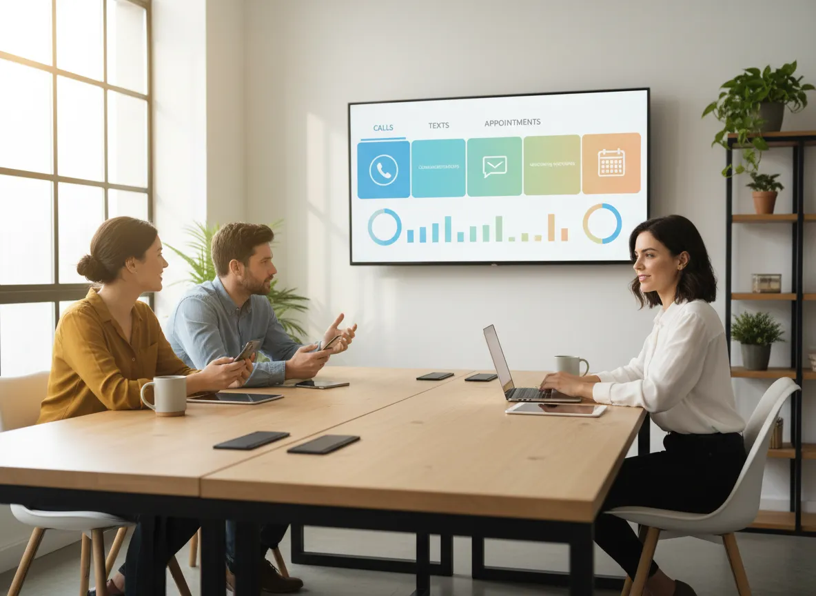 Small business team coordinating calls, messages, and schedule