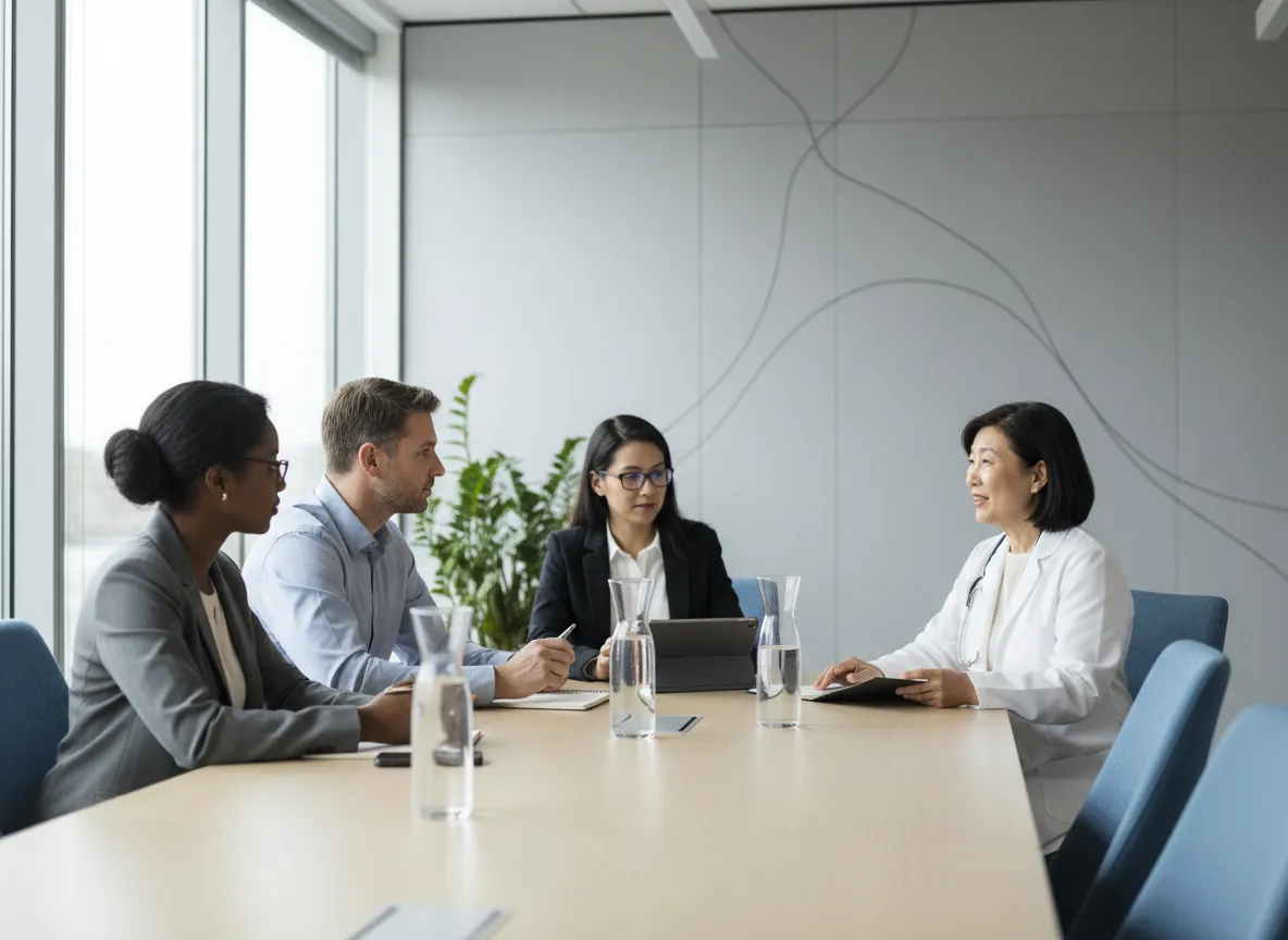 Business team discussing healthcare benefits with a clinical professional