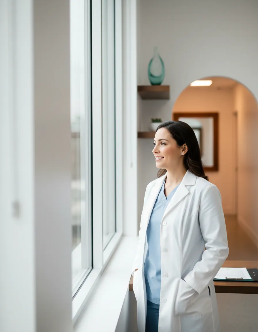 Reassuring high-key lifestyle image of a focused doctor