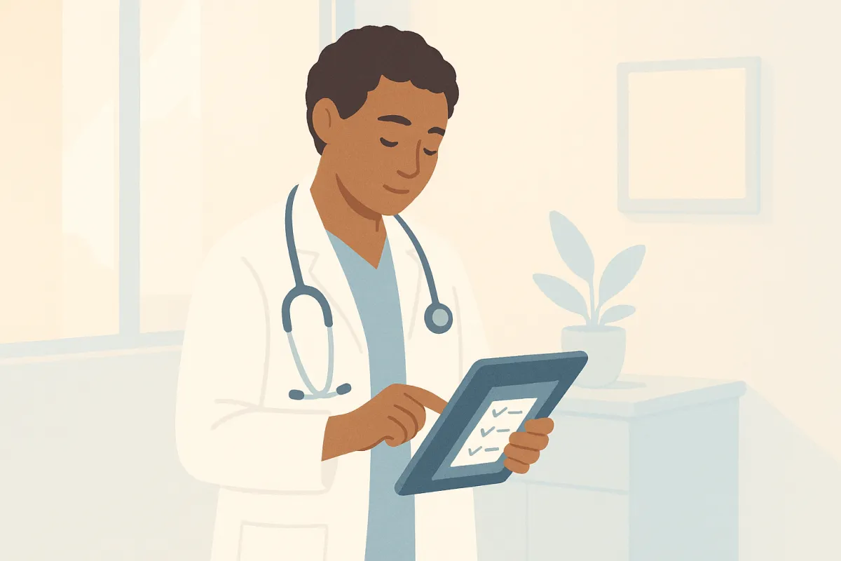 Illustration of a physician with a tablet reviewing a checklist in a calm clinic corner