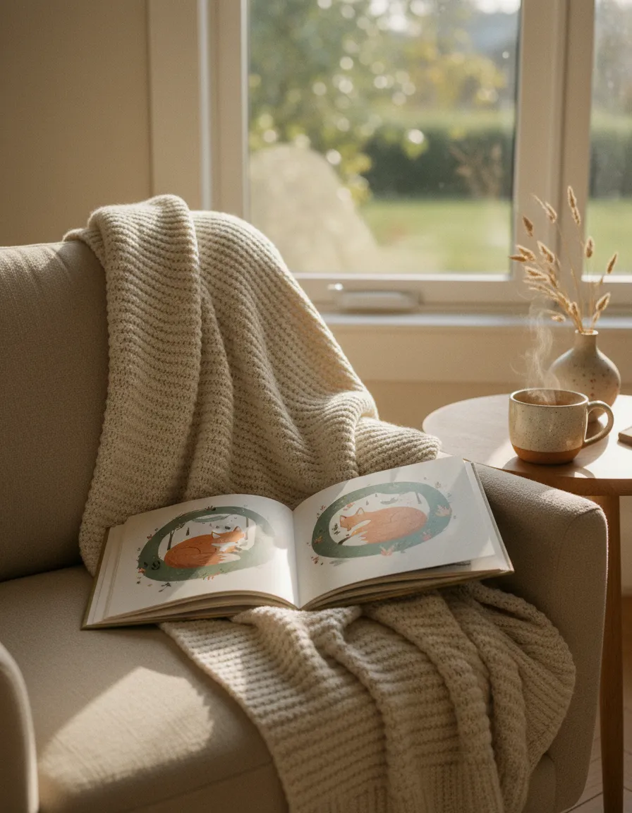 Cozy scene with a mug, open children's book, and soft blanket near a window with trees outside.
