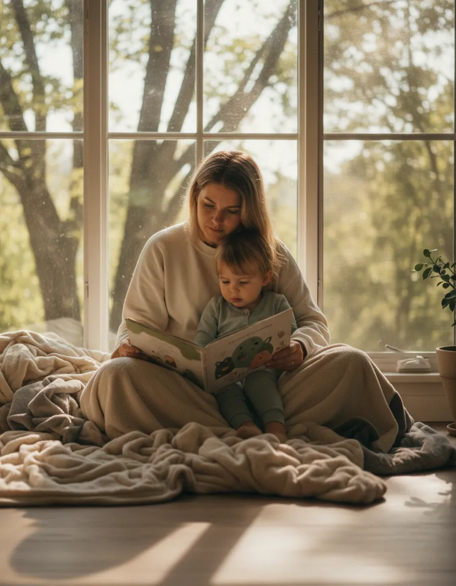 Parent reading a soft-toned illustrated book with a child, sitting by a window with natural light.