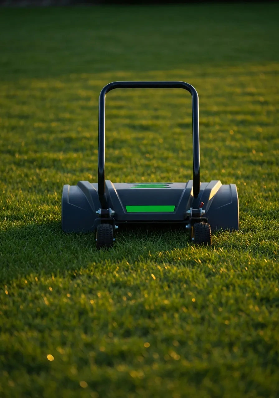 Professional landscaping equipment resting on perfectly manicured, healthy green turf in the Treasure Valley.