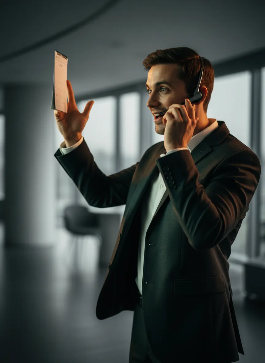 High-energy real estate agent securing a booked appointment on a sales call