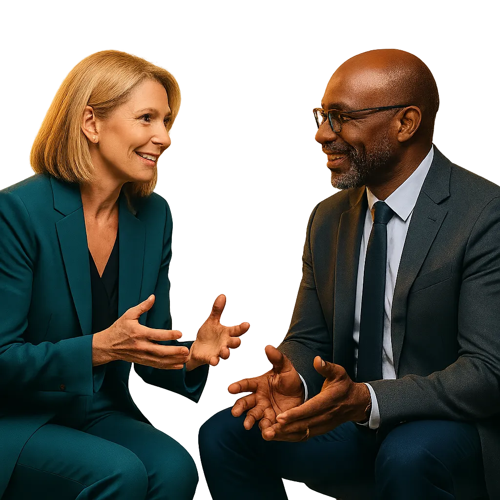 Executives in collaborative conversation, demonstrating human-led leadership in the AI era