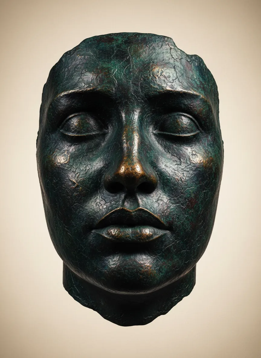 Detailaufnahme eines Gesichtes einer Bronze-Skulptur von Woytek