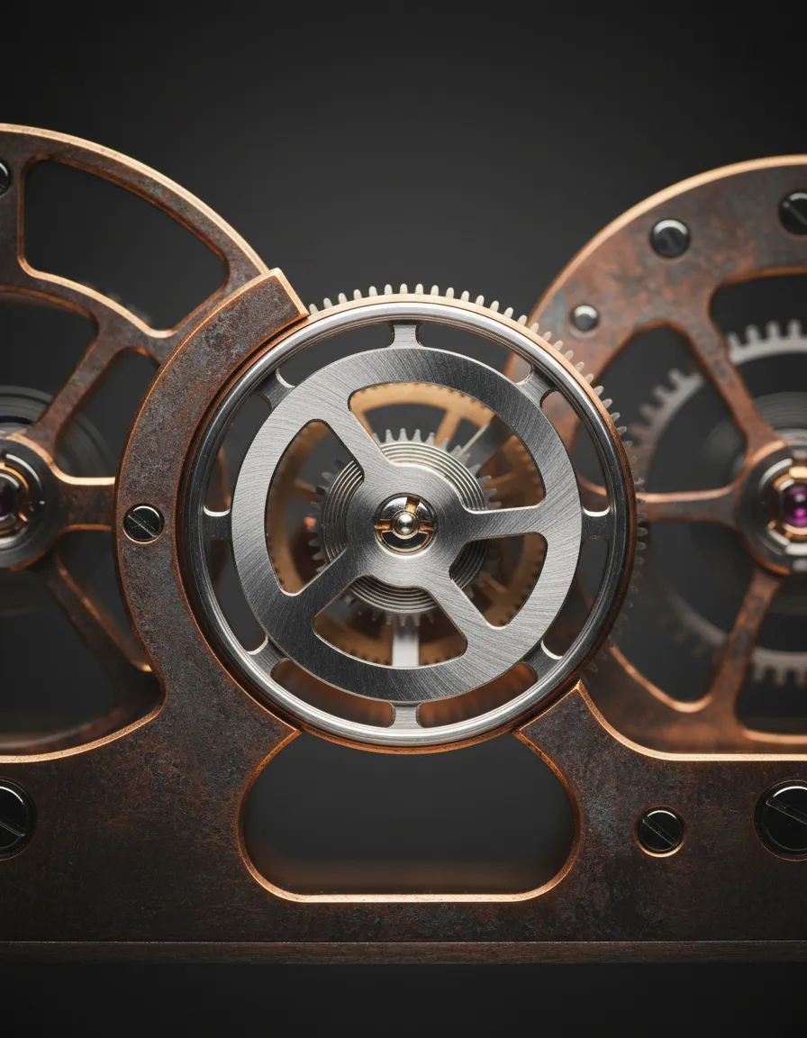 Detail of the Tourbillon mechanism in stainless steel and bronze