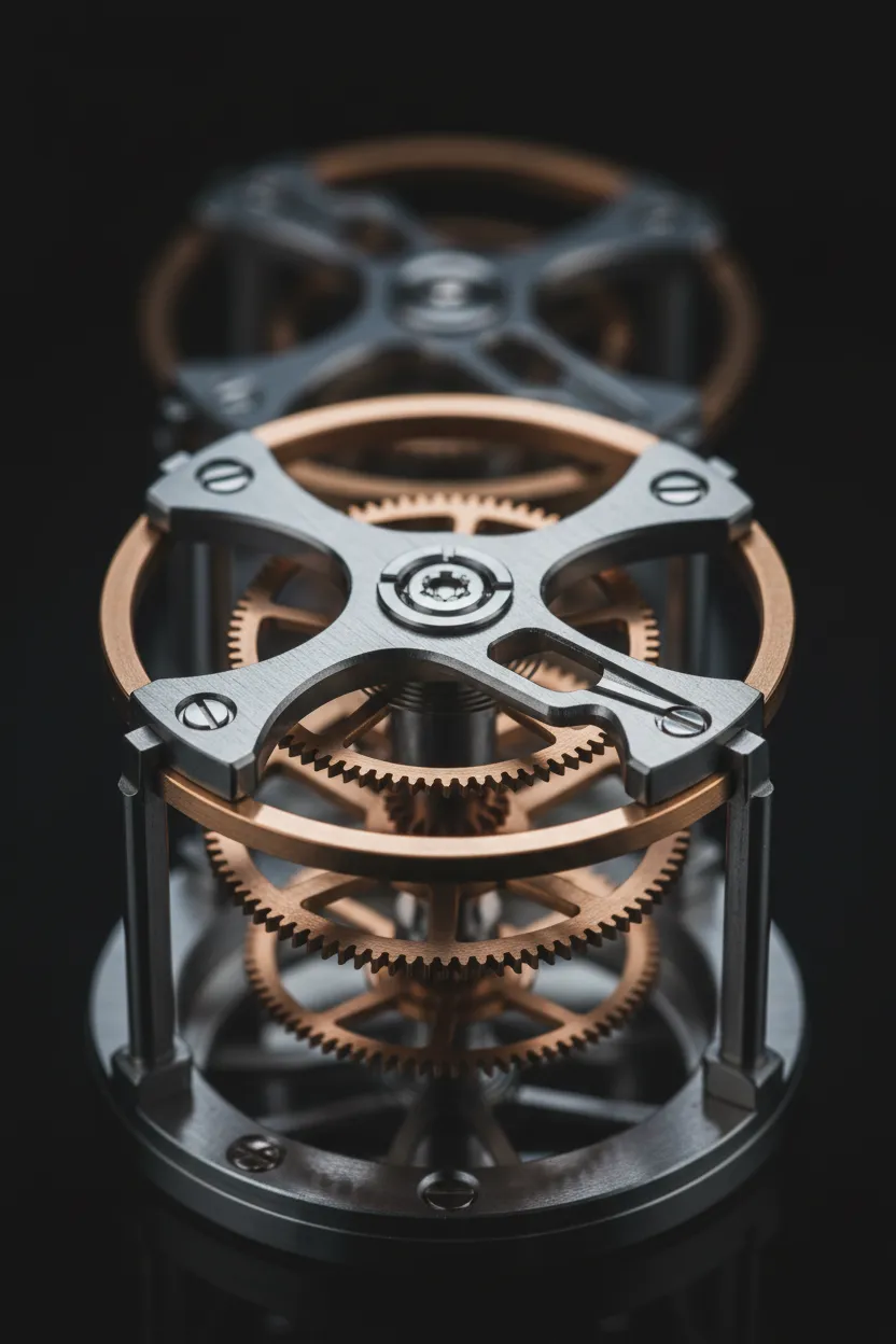 Detail des Tourbillon-Mechanismus aus Edelstahl