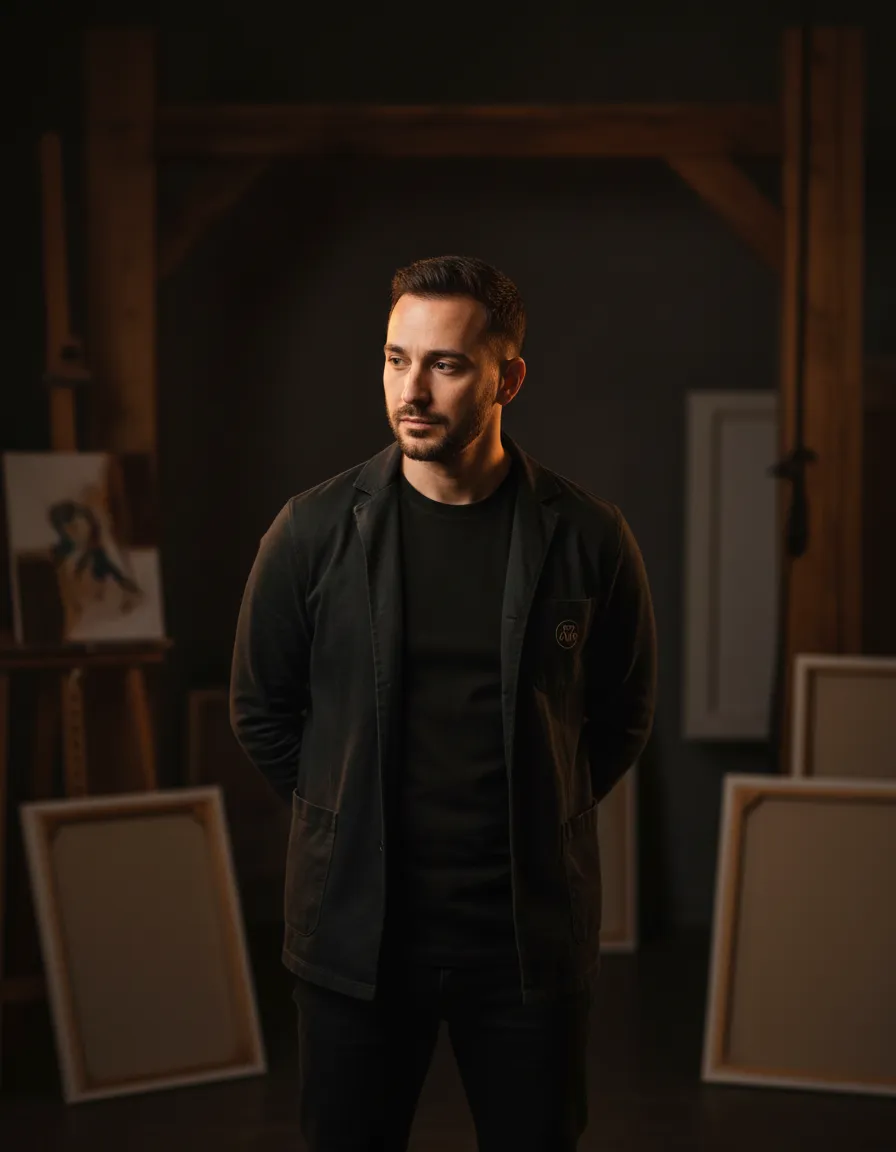 Künstler im Atelier, nachdenklich