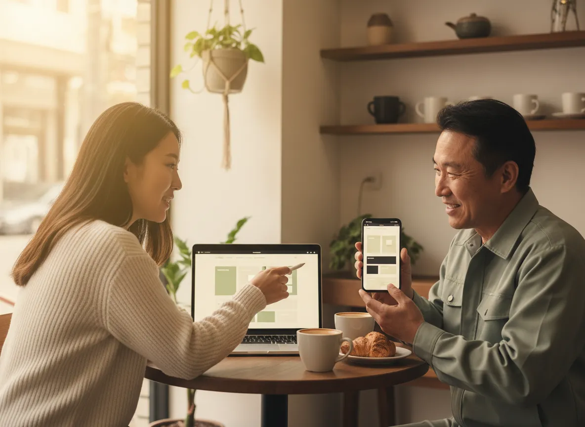Friendly designer and small business owner reviewing a website mockup together