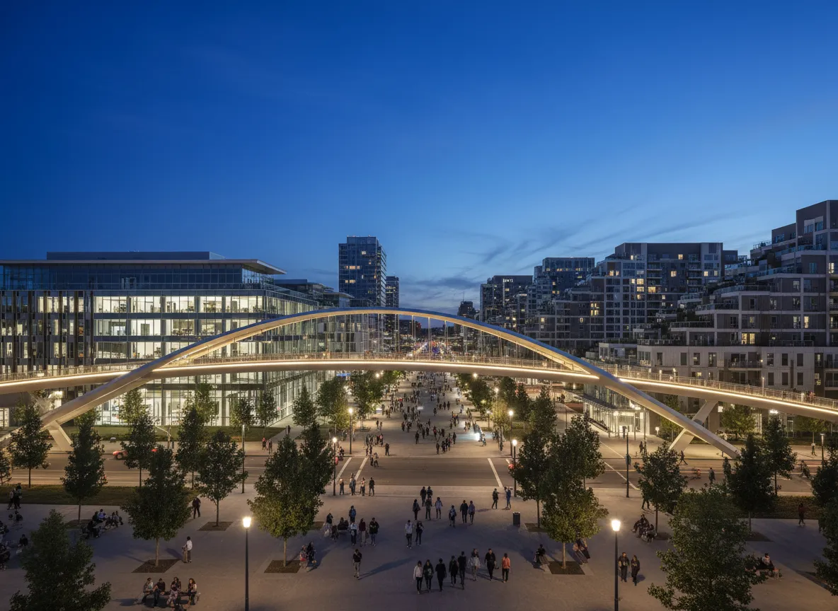 Modern urban revitalization with community bridge structure