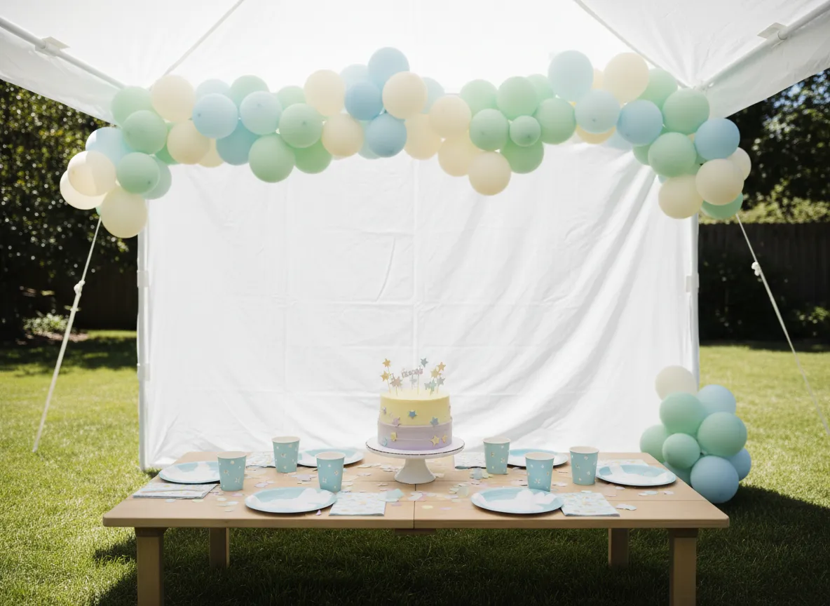 Party table setup with balloons and decorations