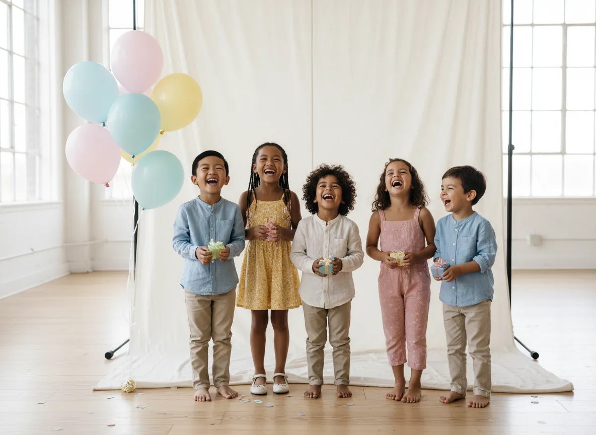Kids laughing with balloons and decorations