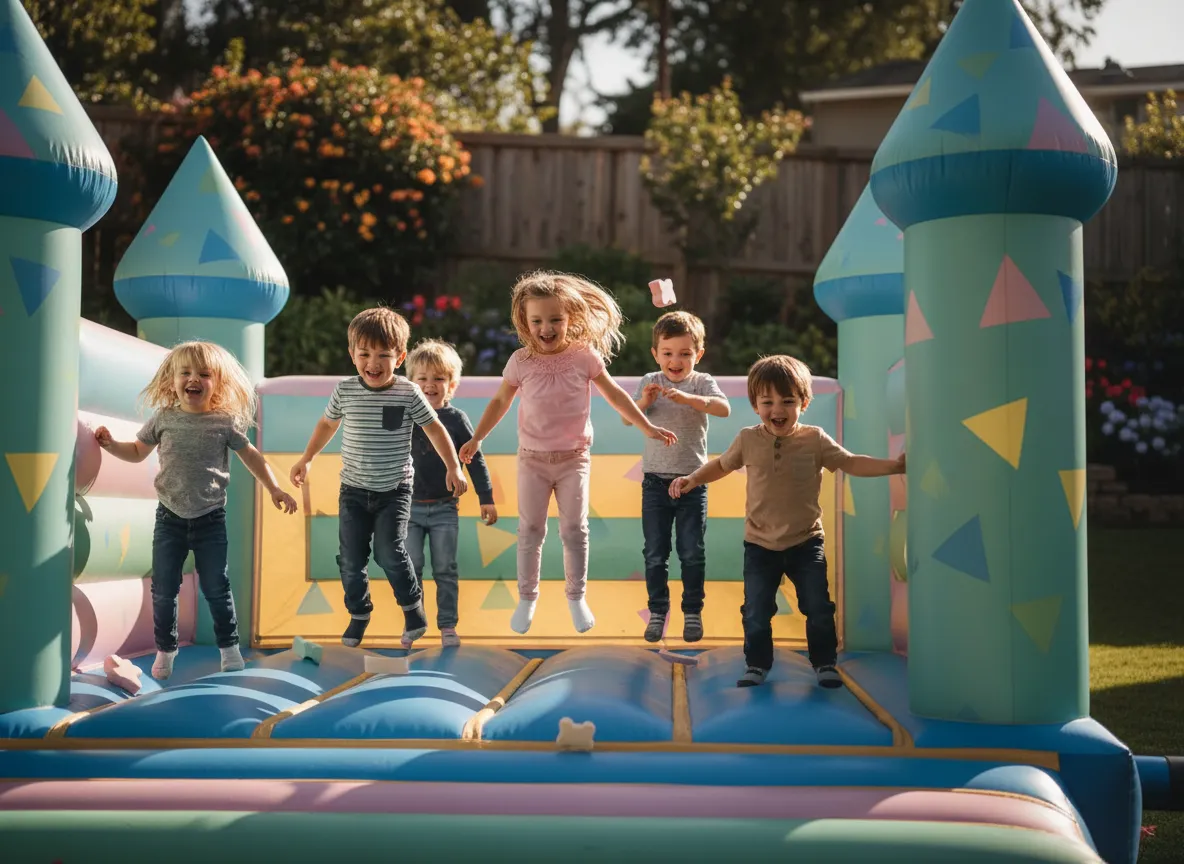 Kids bouncing in a colorful bounce house