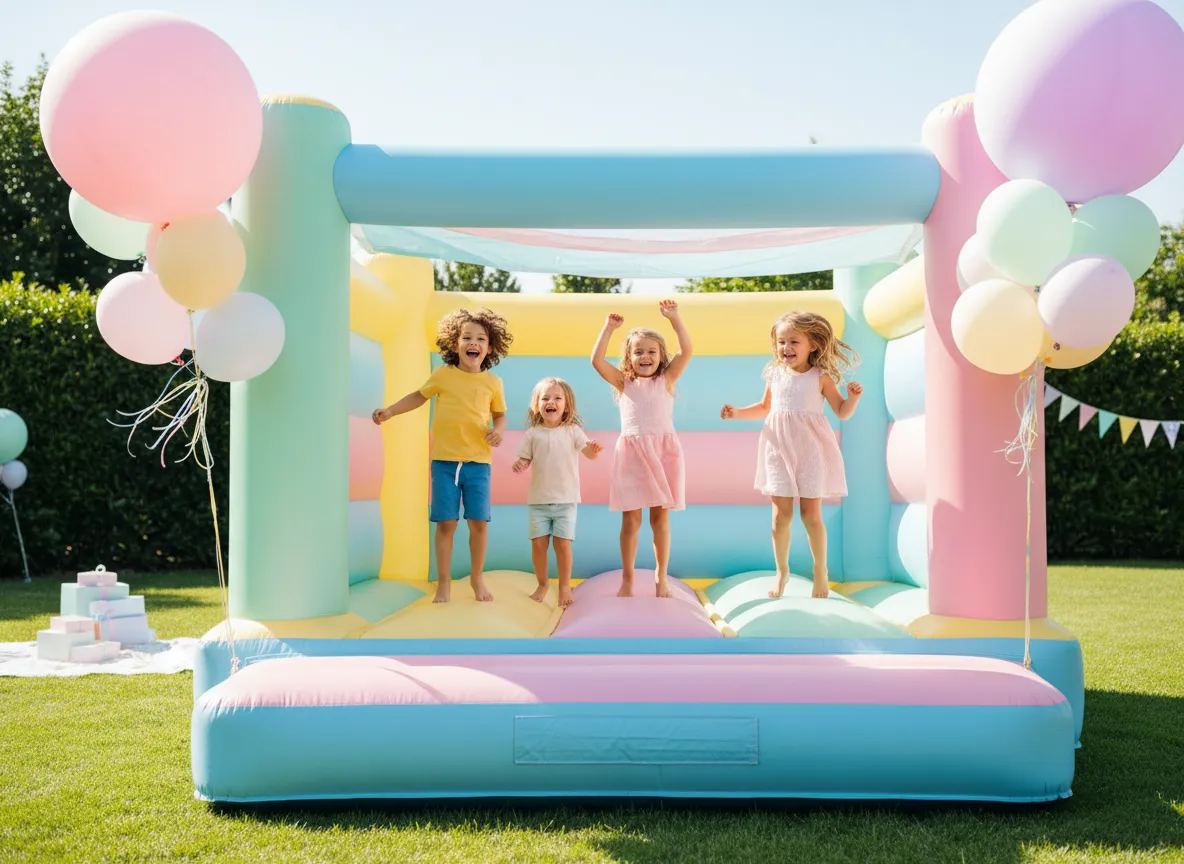Kids having fun in a colorful bounce house by Party Puff