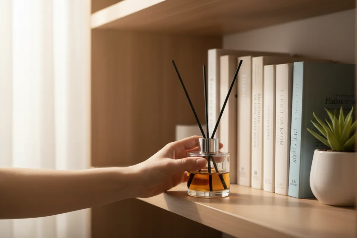 A hand placing a reed diffuser on a wooden shelf surrounded by books and a small potted plant, with soft daylight streaming in. The focus is on the act of adding fragrance to a personal space. 3:2 aspect ratio.