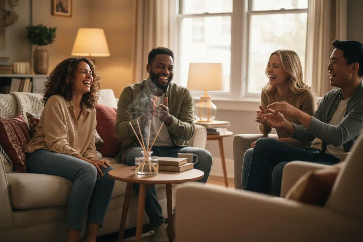 A diverse group of friends gathered in a cozy living room, laughing and enjoying each other's company, with a reed diffuser visible on a side table. The scene is warm and inviting, emphasizing togetherness. 3:2 aspect ratio.