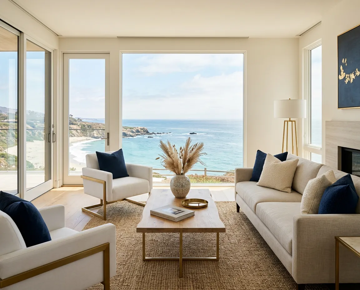 Interior iluminado de una residencia contemporánea en el sur de California con sala acogedora