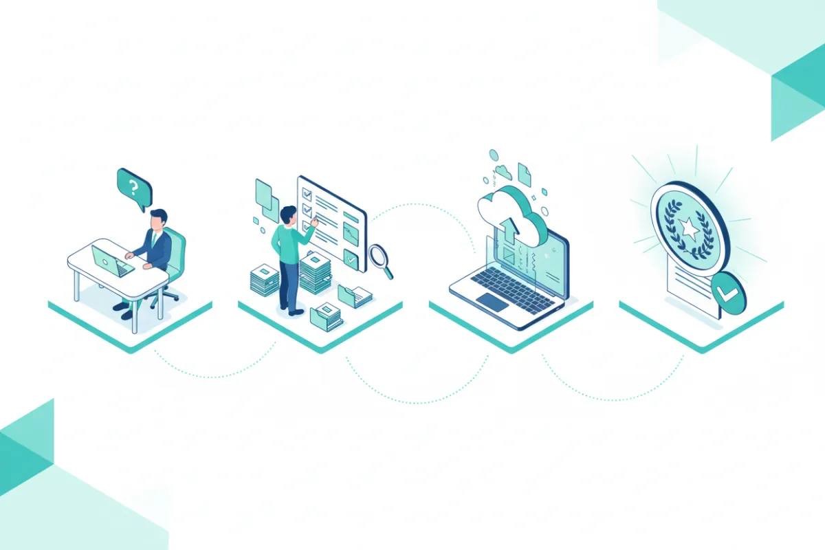 Illustration of a step-by-step visa application process with documents, checklist, and approval stamp, set on a light background with teal accents.