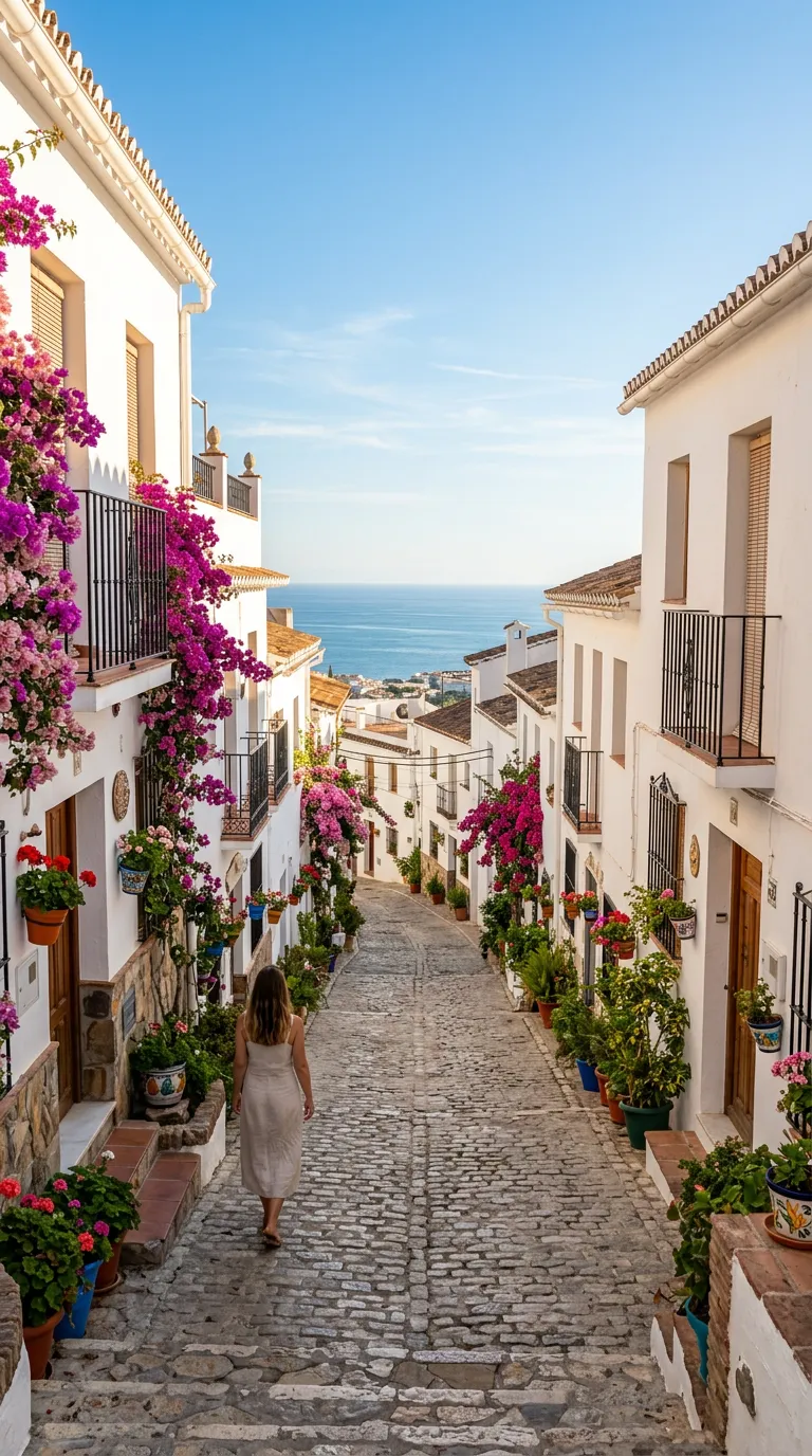 Tall vertical shot of a charming, narrow cobblestone street in a Spanish village, flanked by whitewashed houses with terracotta roofs and vibrant potted plants.