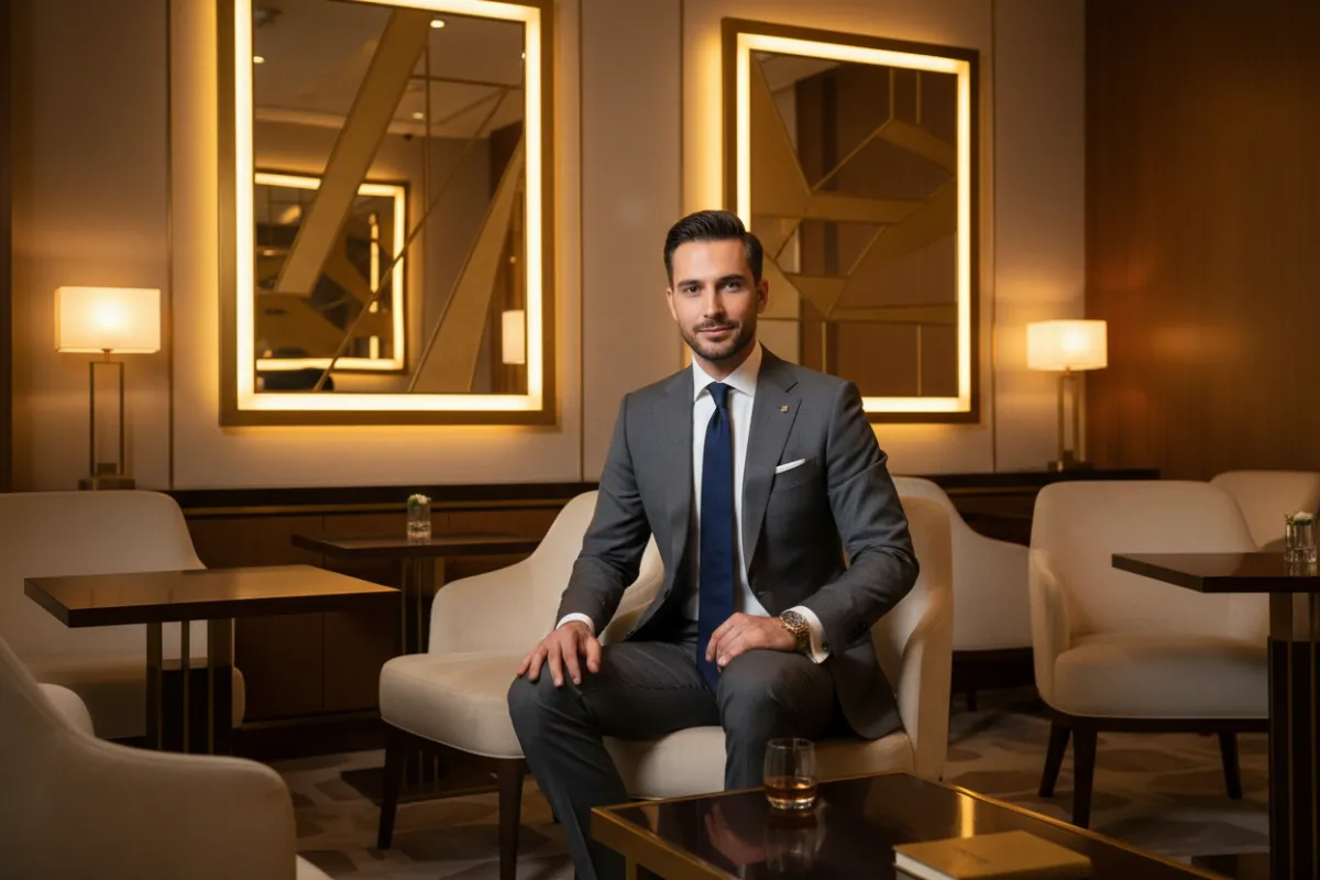 A confident, well-dressed man in a modern, upscale lounge, exuding calm assurance and luxury. The background features subtle gold accents and soft lighting, emphasizing a premium, exclusive atmosphere.