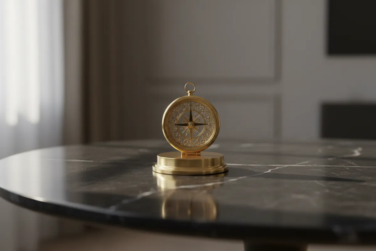 Elegant gold compass on a black marble table, symbolizing direction and luxury. The setting is minimal, with soft natural light highlighting the compass and creating a sense of exclusivity and clarity.