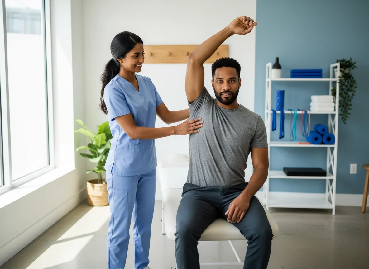 Physical therapist assisting patient with shoulder mobility at Mint Condition Physical Therapy & Wellness