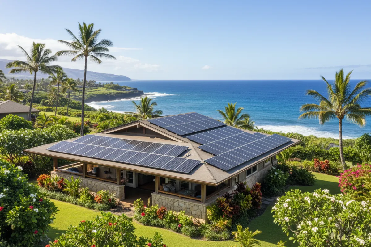 A sunlit Maui home with solar panels, surrounded by tropical gardens and palm trees, with the coastline and blue ocean in the distance.