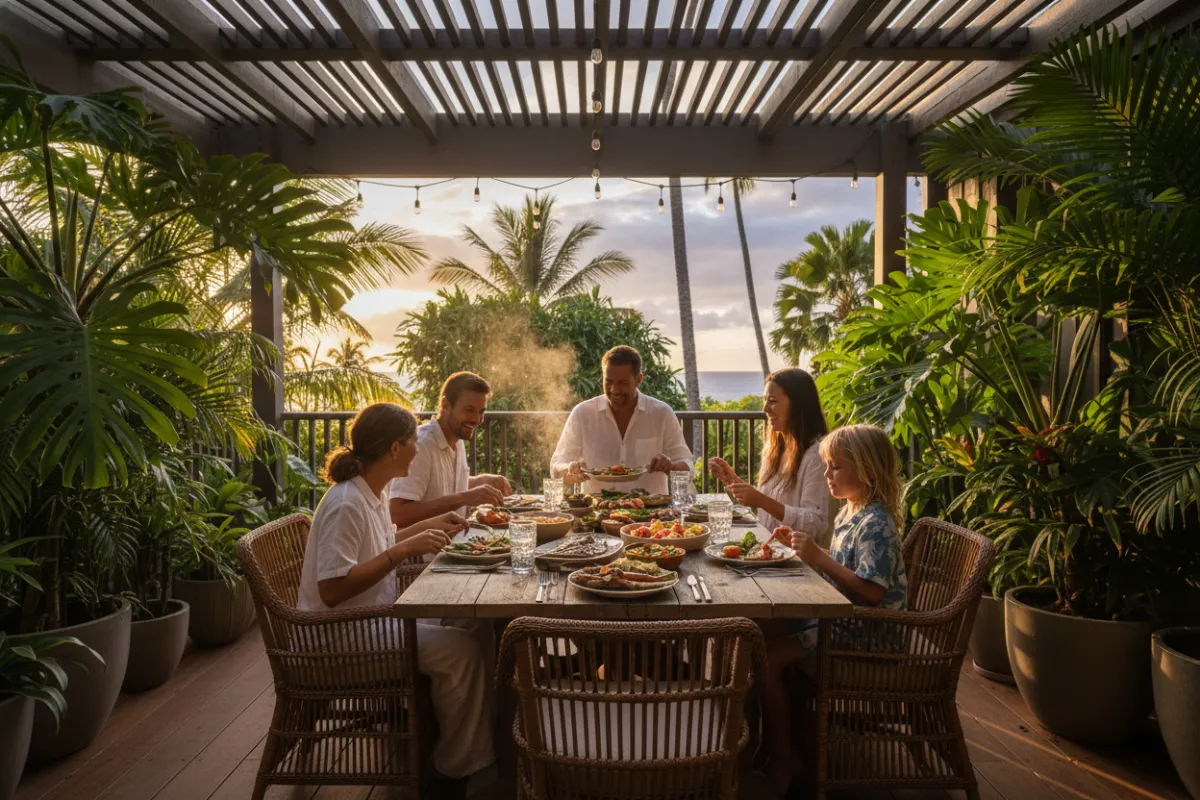 A Hawaiian family enjoying a meal on a covered deck, surrounded by tropical plants and soft evening light, highlighting togetherness and comfort.