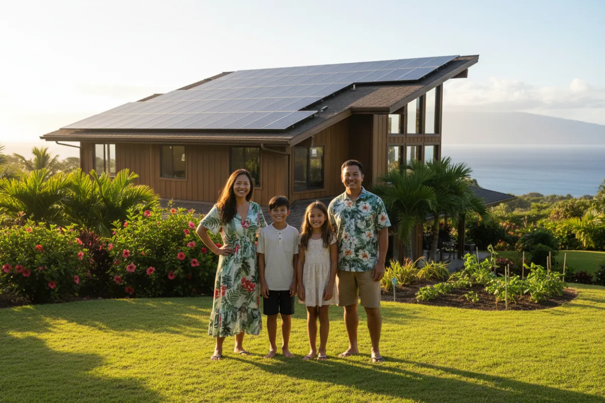 A smiling Hawaiian family stands in front of their home with solar panels, sunlight illuminating the scene.