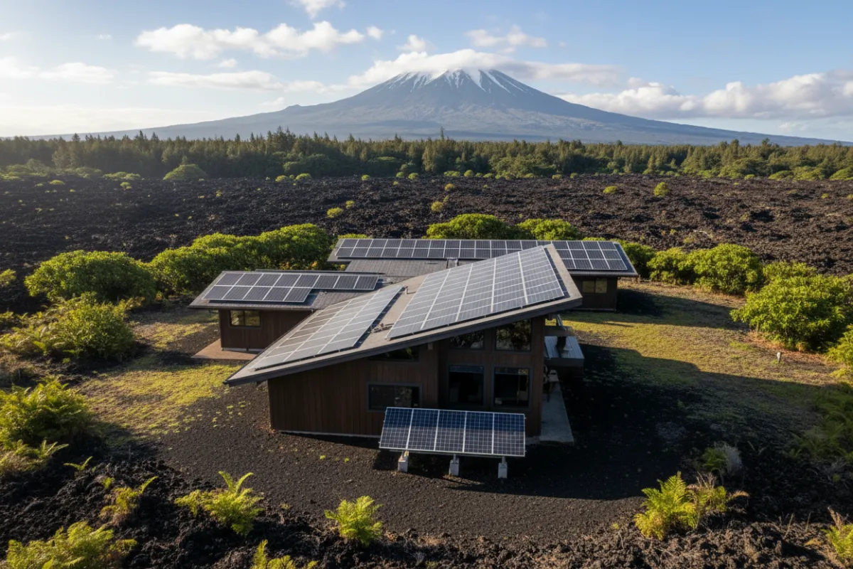 A Big Island property with solar panels installed, set against a backdrop of volcanic rock, native plants, and distant Mauna Kea.
