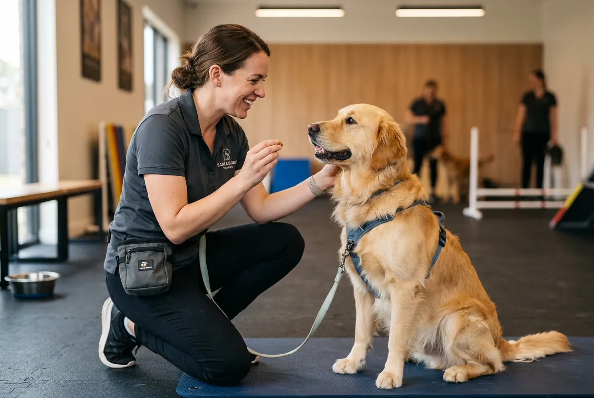 Professional trainer guiding a happy, attentive dog outdoors using positive reinforcement