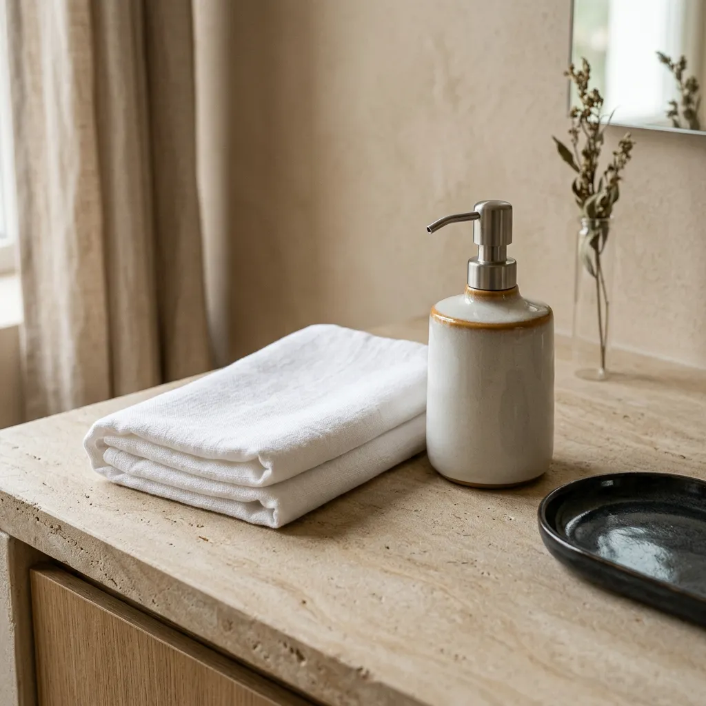 Minimalistisches, ruhiges Kosmetikstudio in warmen Sandtönen mit elegantem Behandlungsbereich